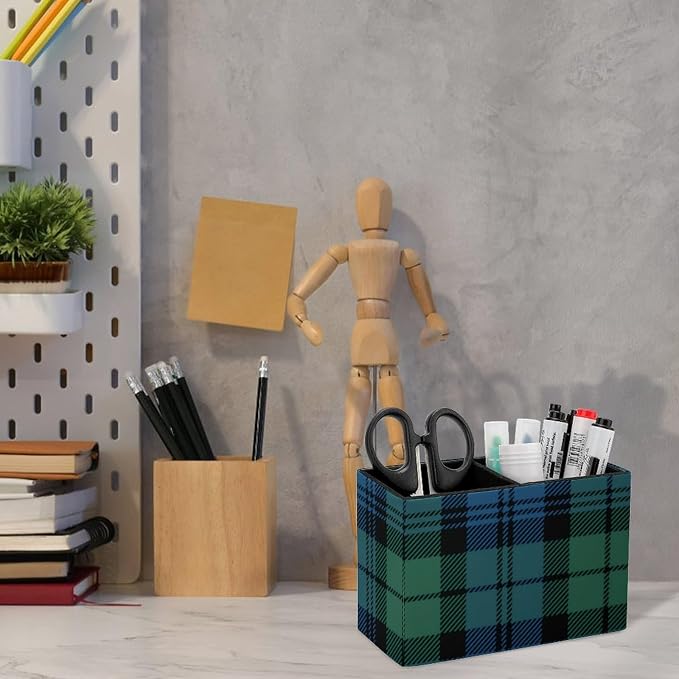 Green Blue Tartan PU Leather Pen Holder Desk Organizer, 2-Compartment Pencil Container for Office, Home, Vanity Use