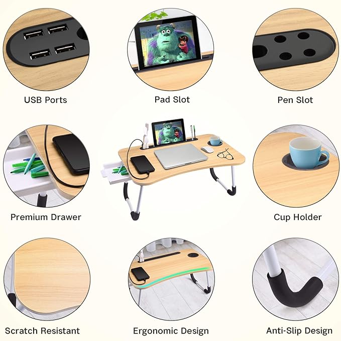 Slendor Laptop Desk Laptop Bed Stand Foldable Laptop Table Folding Breakfast Tray Portable Lap Standing Desk Reading and Writing Holder with Drawer for Bed Couch Sofa Floor