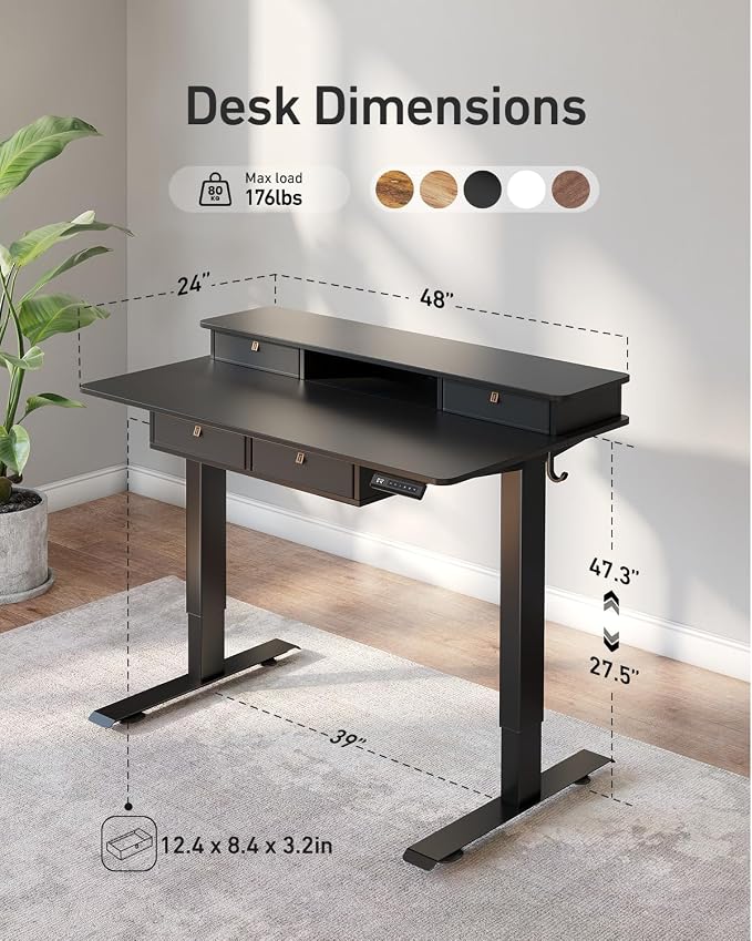 CubiCubi 48" x 24" Standing Desk with Drawers, Height Adjustable Electric Workstation, Computer Sit Stand Up Table with Large Storage Shelf 4 Drawers and 2 Hooks, Black