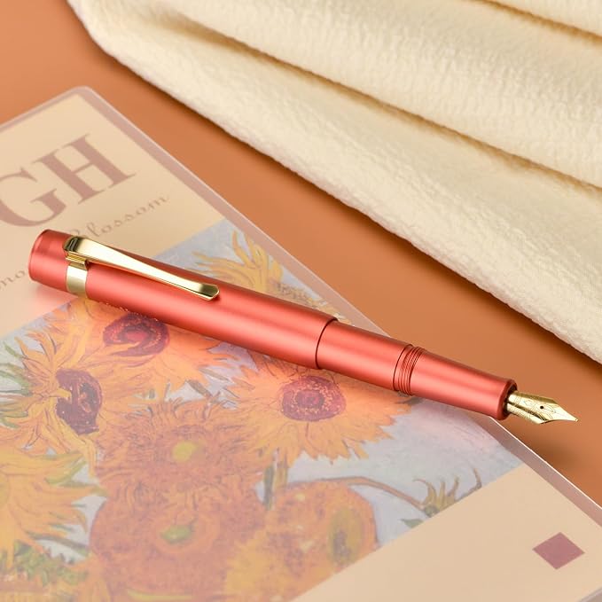 HONG DIAN M2 Mini Fountain Pen with Bent Nib, Sleek Shape Aluminium Short Pocket Travel Pen (Orange Red)