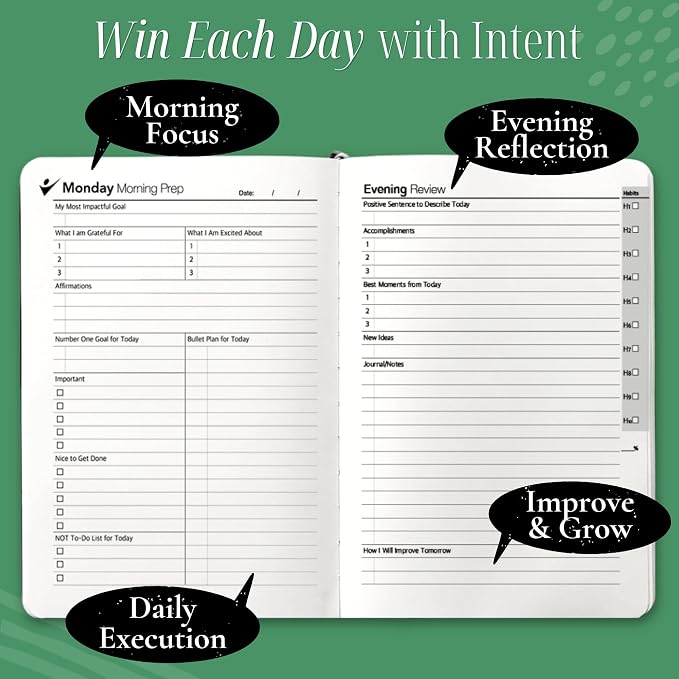 Goal Crazy Undated Daily Planner to Achieve Your Goals - 90 Day Guided Journal & Productivity Organizer with Goal Setting, Habit Tracker, To Do List, Academic & Work Calendar, Leather Hardcover - Forest Green