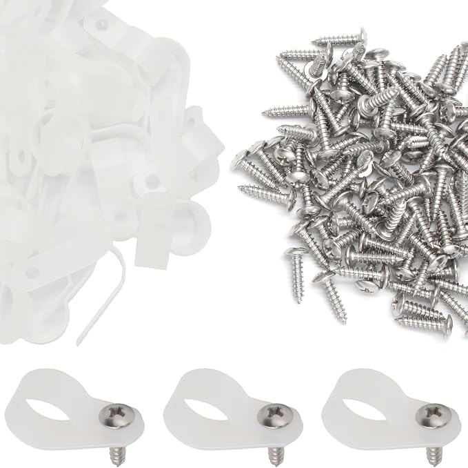 50 Pcs 5/8 Inch White Nylon Cable Clip Wire Clamp | R-type, 16mm, Stainless Steel Screws Included, Screw Mounting, Wire Management