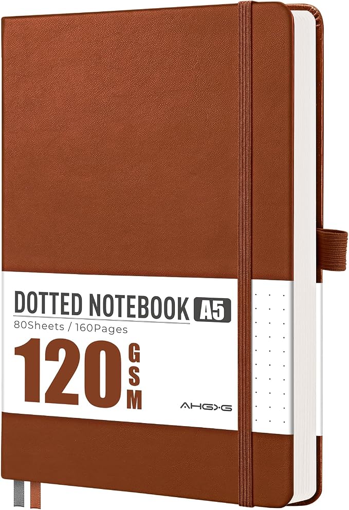 AHGXG Dotted Journal Notebook, 160 Numbered Pages, A5 Medium Size (5.7'' x 8.3''), 120 GSM Thick Paper, Leather Hardcover, for Journaling, Planning, Tracking (Brown)