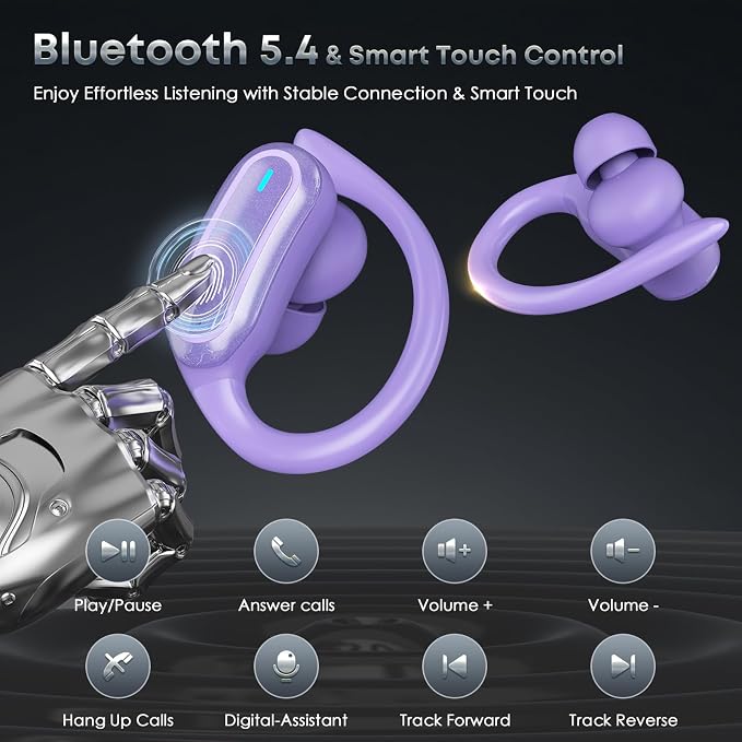 TRAUSI Wireless Earbuds Bluetooth Headphones, 54H Playtime Stereo Over Ear Buds with ENC Noise Cancelling, LED Power Display, IPX7 Waterproof Sport Earphones wih Earhooks for Running/Workouts Purple