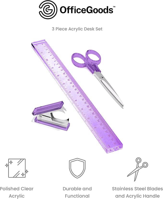 3-Piece Acrylic Desk Set, Purple with Silver Metal | Ruler, scissors, and staple remover set, Functional and elegant desk accessories, Stationery tools for office, and school