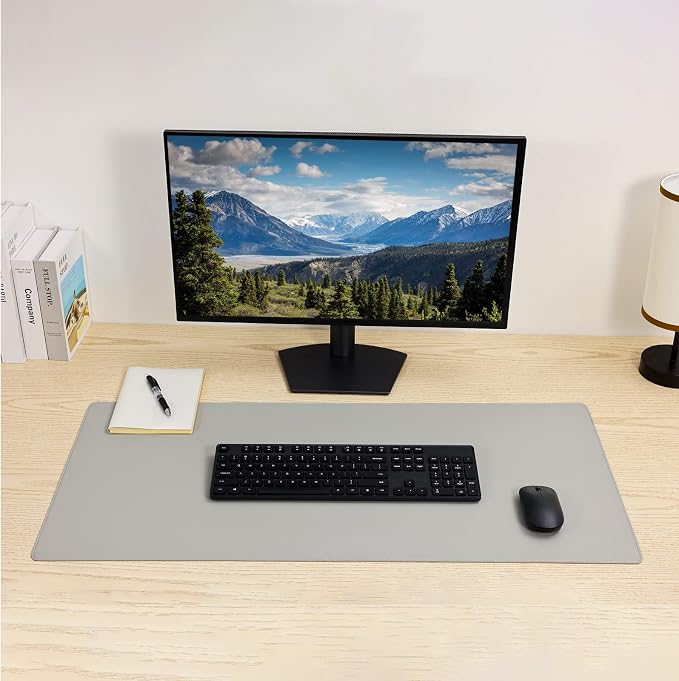 Wolaile PU Leather Desk Pad Blotter,Light Grey Waterproof Office Desktop Mat,36x17in Non-Slip Large Mouse Pad/Writing Protector/Desk Accessories