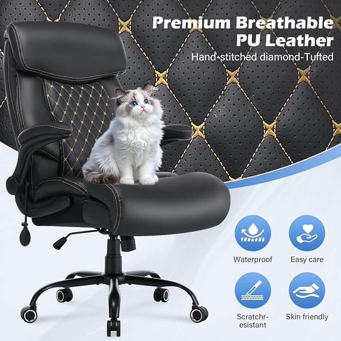 BOSMILLER Big and Tall Office Chair 500lbs for Heavy People with Adjustment Lumbar Support Heavy Duty Leather Executive Office Chair with Quiet Wheels