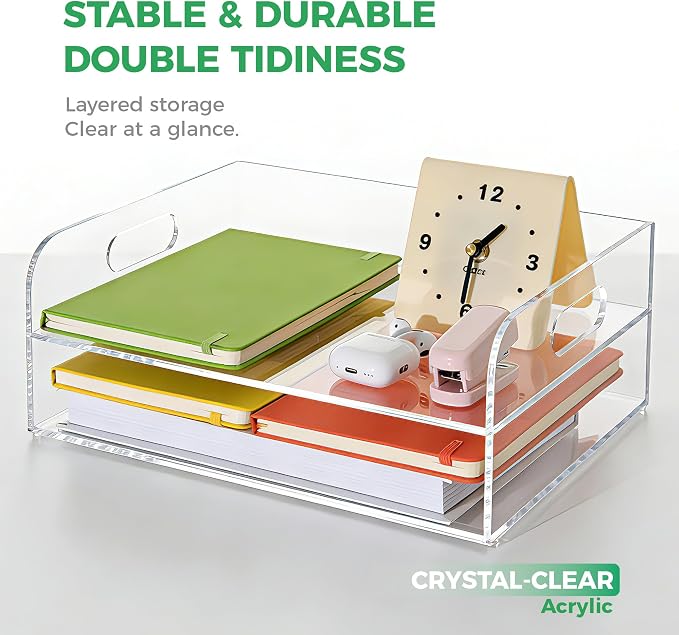 2-Tier Clear Acrylic Paper Trays, Desk File Organizer, A4 Paper Holder, Low-Profile Desk File Sorter for Office/Home, Clear Stackable Letter Tray for Bills, Crafts, Notebooks - Horizontal