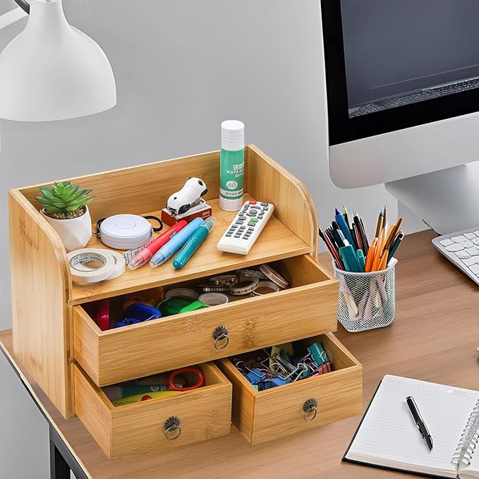 Nicunom Bamboo Desk Organizer, 3-Tier Bamboo Tabletop Storage Organization Multifunctional Desktop Organizer with Drawers for Home Office Toiletries Supplies Vanity