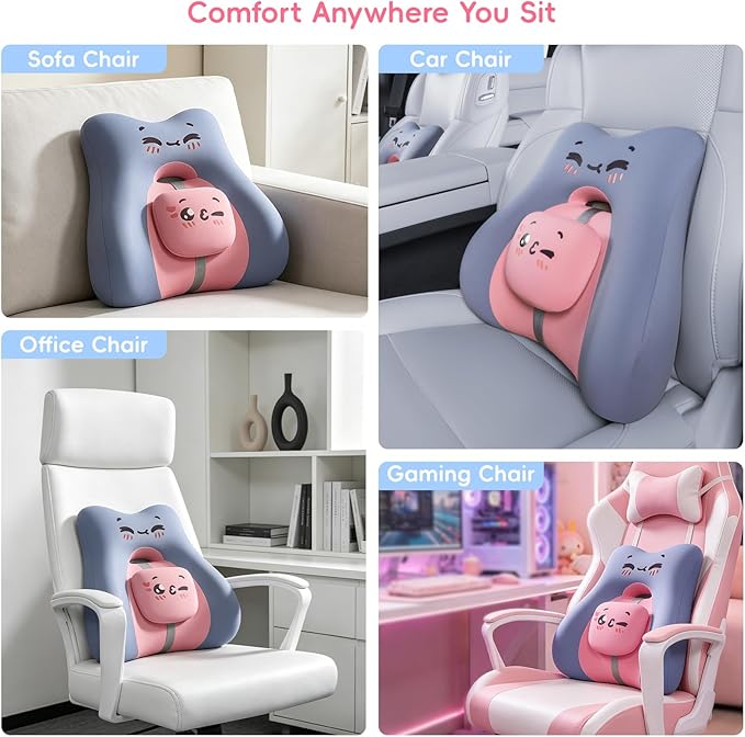 BEBAS Lumbar Support Pillow for Car & Office Chair - Ergonomic Back Support Cushion with Adjustable Memory Foam Bolster, Cute Cartoon Design, Lower Back Pain Relief for Driving & Desk Work - Blue