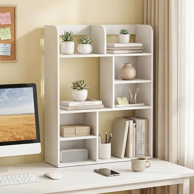 Tangkula Desktop Bookshelf, 5-Tier Desktop Display Rack with 4 Open Shelves & 4 Cubes, Modern Tabletop Bookcase Organizer for Computer Desk, Countertop Storage Hutch for Home Office Dorm (White)