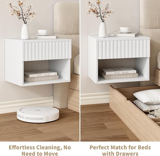 Floating Nightstand Set of 2, Modern Wall Mounted Bedside Tables with Fluted Drawer, Night Stand Small End Table with Open Storage Shelf for Bedroom, Living Room, Small Spaces, White