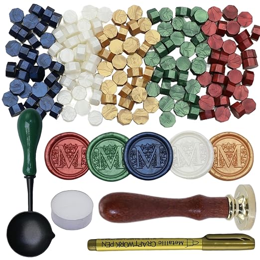 Initial Alphabet Wax Seal Stamp Kit, Retro Letter Sealing Stamp with 150Pcs Sealing Wax Beads Spoon Pen Set for Wedding Invitations Cards Envelopes (M)