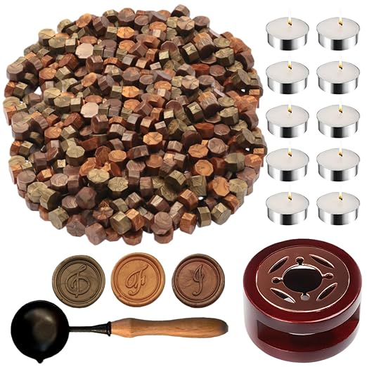 Wax Seal Kit with Warmer, ONWINPOR 300pcs Sealing Wax Beads in 3 Colors, Non-Slip Spoon, Candles for Envelopes, Stamp Letter Seal,Wedding Invitations (Copper Mix)