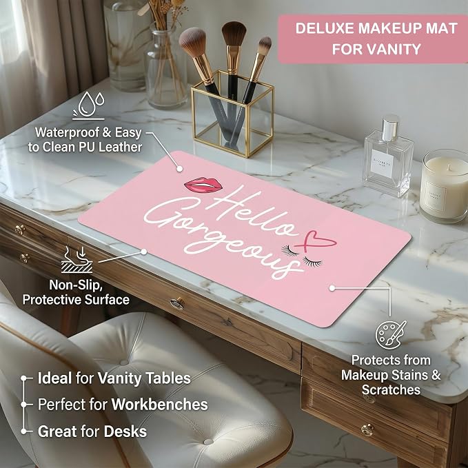 Makeup Mat for Vanity Top Protector, Dual-Sided Vanity Mat Waterproof Dressing Desk Makeup Table Cover Pad Hello Gorgeous (Baby Pink/Silver, 23.6"x11.8")