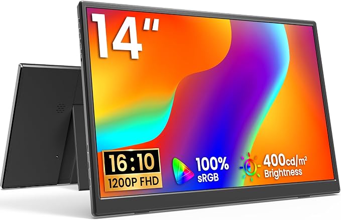 KQC 14 Inch Portable Monitor FHD 1200P, Ultra-Slim USB-C HDMI Plug & Play External Display, 100% sRGB Dual Speakers, Travel Laptop Monitor with Stand for PC Phone Xbox PS4/5