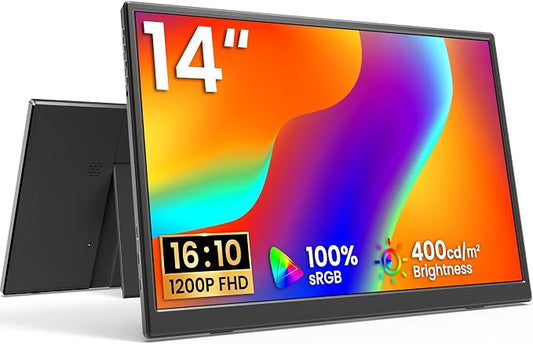 KQC 14 Inch Portable Monitor FHD 1200P, Ultra-Slim USB-C HDMI Plug & Play External Display, 100% sRGB Dual Speakers, Travel Laptop Monitor with Stand for PC Phone Xbox PS4/5