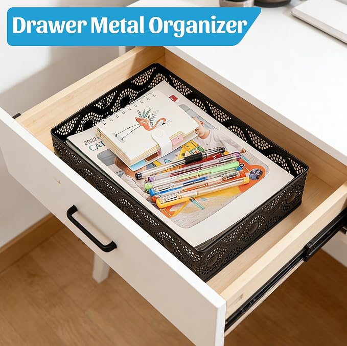 Desk Paper Tray Organizer, Metal Mesh Storage Basket for Office Home | Desktop Decorate Trays Organizing, Large Storage Basket for Office Supplies Mail File Print A4 Paper, Black, Pattern 1#