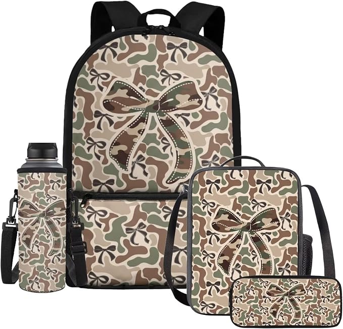 WELLFLYHOM 17 Inch Camo Bow School Backpack Set for Girls 5-8, 4 in 1 Set | Khaki Book Bag with Lunch Box Pencil Pen Case Water Bottle Sleeve for Primary School Students