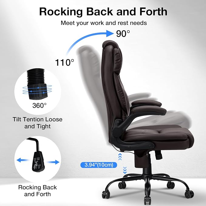 HOFFREE Executive Office Chair Big and Tall 450lbs Heavy Duty Office Chair with Adjustable Lumbar Support High Back Ergonomic Computer Leather Home Chair with Flip-up Arms for Heavy People,Brown