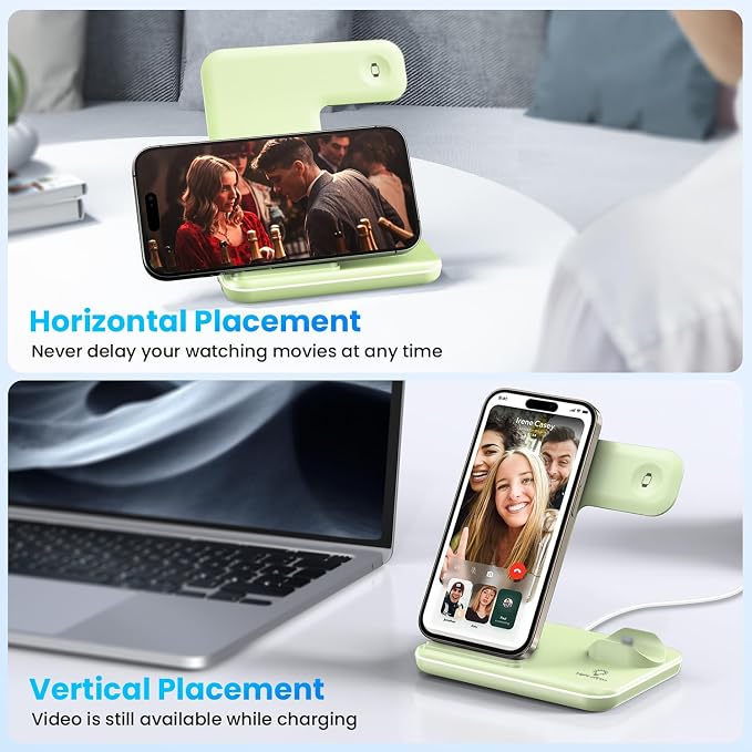 WAITIEE Wireless Charger 3 in 1, 15W Fast Charging Station for Apple Watch 9/8/Ultra 2/Ultra/SE/7/6/5/4/3/2, for AirPods 3/2/1/Pro/Pro 2, for iPhone 15/14/13 /Plus/Pro/Pro Max/12/11/X/Xr/XS/8 (Green)