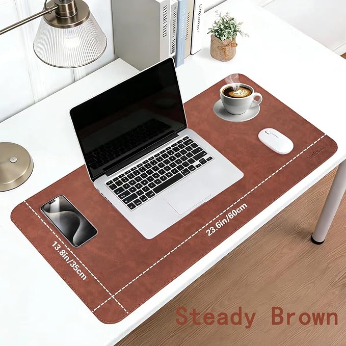 Soft Anti-Curl Faux PU Desk Mat 23.6"x13.8", Waterproof Heat Safe Non-Slip Vintage Desk Pad, Stitched Edge Wipeable Tear Resistant Desktop Protector for Work from Home Office (Brown)