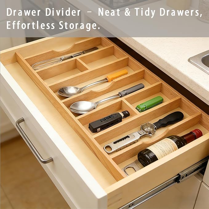 Silverware Drawer Organizer - Trim-to-Fit with Adjustable Dividers for Kitchen Utensil Storage, Beech Wood Frame with 11 Sizes (13.23" W x 22" D)