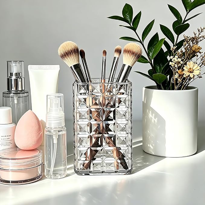 Lebenrich Acrylic Pen Holder Pencil Cup for Desk, 2 Pack Clear Makeup Brush Holder for Vanity, Cute Desk Organizer Office Supplies Accessories Container for Marker Bookmark Straw Coffee Stirrer