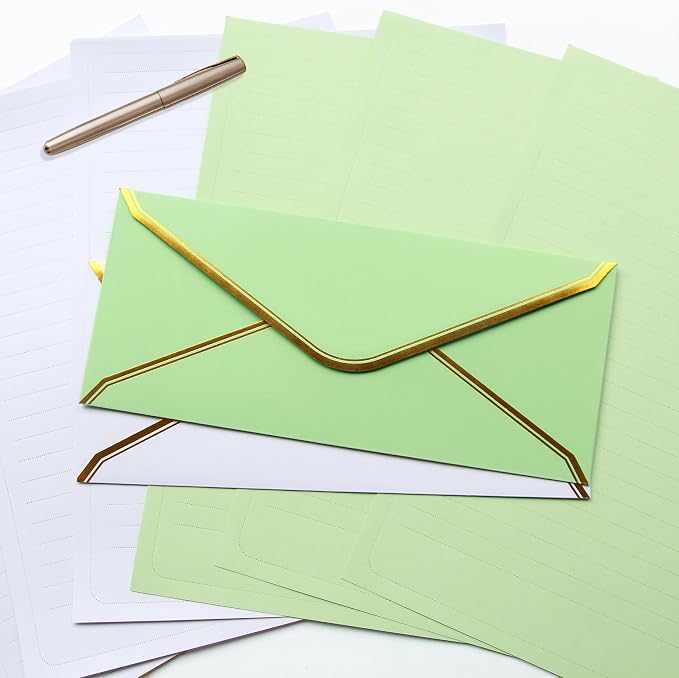 J6&H6 Gold Thread Stationary Paper and Envelopes Set Including 12 Standard Sized Phnom Penh Envelopes and 24 Sheets of Lined Paper Suitable for Daily Emotional Expression Formal Communication(green)