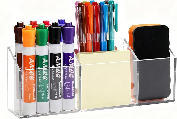 Ameceres Magnetic Pen Holder Classroom Organization Acrylic Marker Holder for Whiteboard Refrigerator Locker Accessories Pencil Dry Erase Marker Basket (3 Compartments * 1)