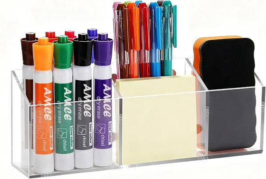 Ameceres Magnetic Pen Holder Classroom Organization Acrylic Marker Holder for Whiteboard Refrigerator Locker Accessories Pencil Dry Erase Marker Basket (3 Compartments * 1)
