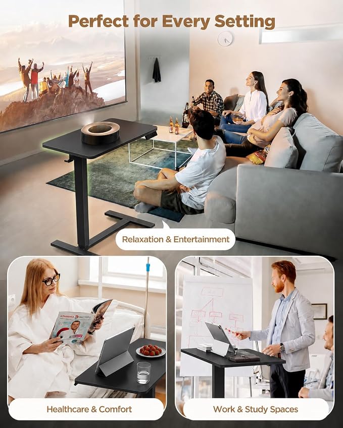 28"x 16" Electric Overbed Table, Rolling Laptop Desk for Bed, Black | Height Adjustable Bedside Desk with Hidden Wheels, Mobile Standing Desk for Sofa, Home Office & Hospital Use