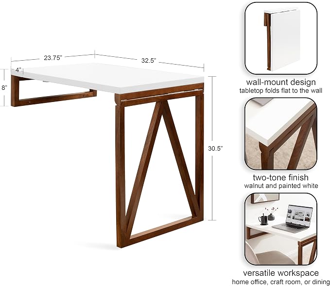 Kate and Laurel Kaya Modern Wall-Mounted Folding Table, 24 x 33 x 31, White and Walnut, Space-Saving Versatile Table with Folding Design for Dining Room or Home Office Decor