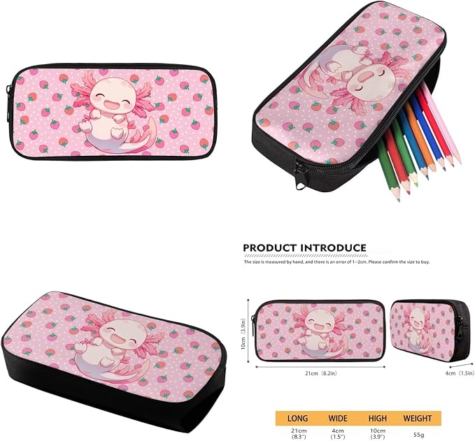 WELLFLYHOM 6-11 Kid Cute Axolotl 4 In 1 Bookbag Set, Pink 17 Inch Strawberry Backpack with Lunch Box for Girls, Back to School Supplies for Elementary Students, Mochila Para Niñas
