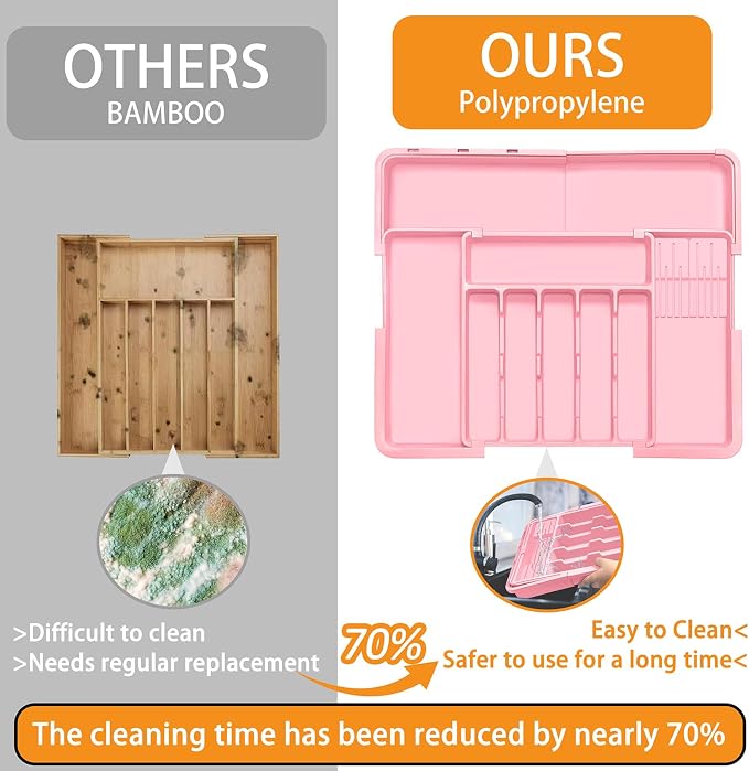 Silverware Organizer - Expandable Large Kitchen Drawer Organizer Utensil Organizer with 2 Knife Block Inserts, 22"x 19"Cutlery Tray with Drawer Dividers for Kitchen Flatware (Pink)