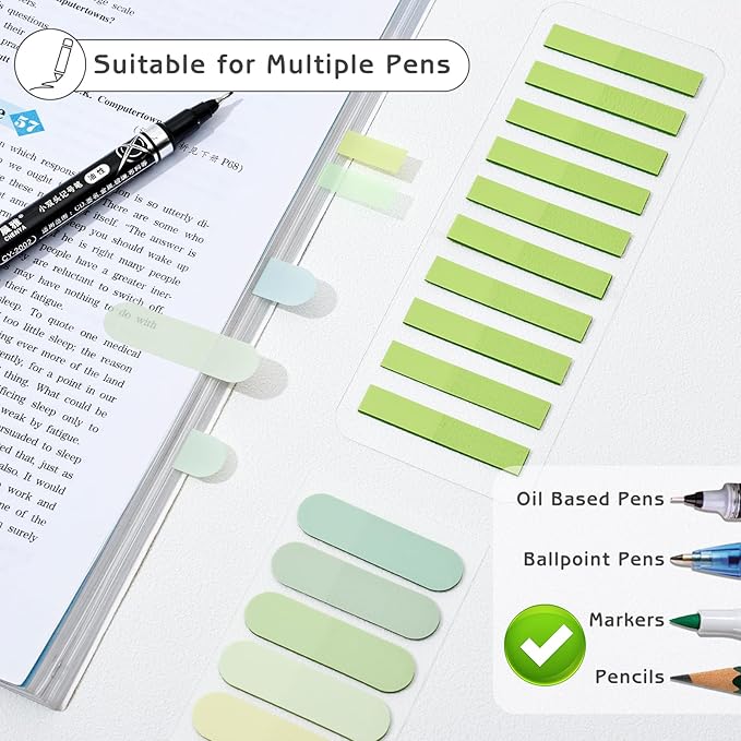 850 Sheets Transparent Sticky Notes, 3 x 3 Inch Clear Sticky Notes with Marker Pen for Bible, Waterproof Self-Adhesive Annotation Tabs, Gradient Color Note Pads for School Office (Green)