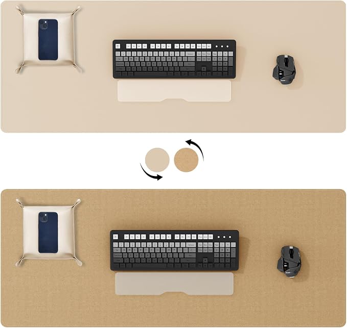 DAWNTREES Dual Sided Desk Mat,Khaki Leather Desk Pad,47.2''x23.6'',Cork Desk Mat Protector,120x60cm Extra Large Mouse Pad,with PU Leather Valet Tray Organizer,Desk Writing Pad for Office and Home