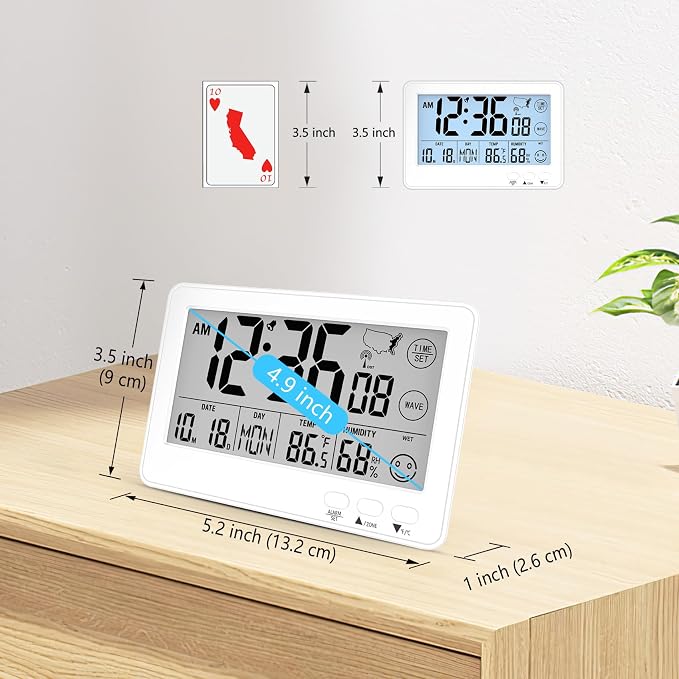 Small Desk Atomic Alarm Clock for Bedroom, Self-Calibrating Time and Date Clock with 4 Time Zone, DST, Temperature, Humidity, Alarm and Snooze for Children's Bedroom, School