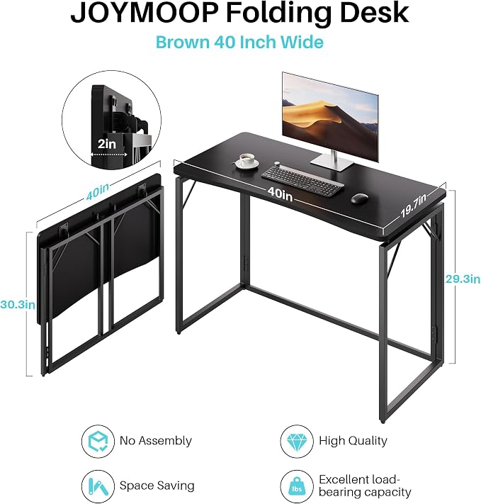 JOYMOOP Black 40" Folding Desk, No Assembly Small Foldable Desk for Home, Office, Wooden Top Folding Computer Desk for Working, Writing, Studying - Middle Size