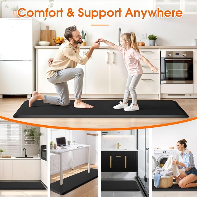 TranquilRelax Extra Large Kitchen Mat Rug, Floor Comfort Mat with Non-Slip Bottom, Waterproof & Stain Resistant & Easy Clean, Standing Desk Mat for Kitchen, Sink, Office (17.3''x60'', Black)