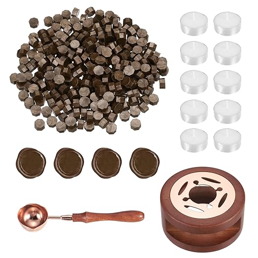 PATIKIL Wax Seal Kit, 300 Pcs Wax Sealing Beads, Wooden Warmer, Melted Spoon, 10 Pcs Tealight Candles for Envelope Letter Mailing Crafts DIY, Brown Coffee