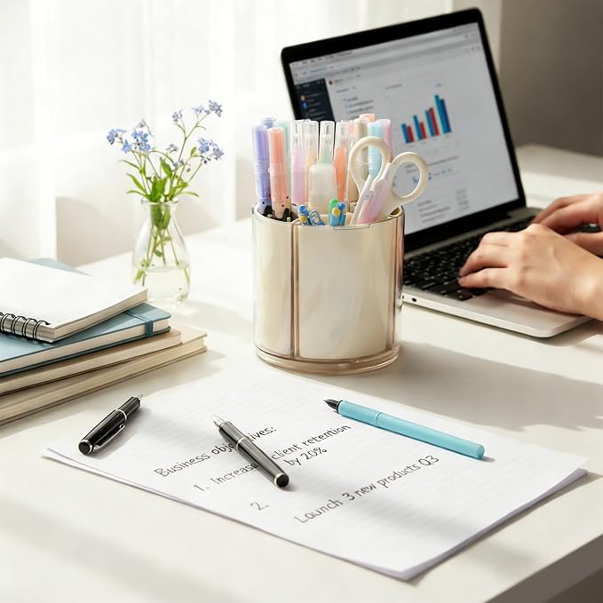 Comix 360° Rotating Pen Holder for Desk, Beige Pencil Holder with 5 Slots | Expandable Capacity, Acrylic Pen Organizer Easy to Clean, Cute Pencil Cup for Home School Office Art Supplies