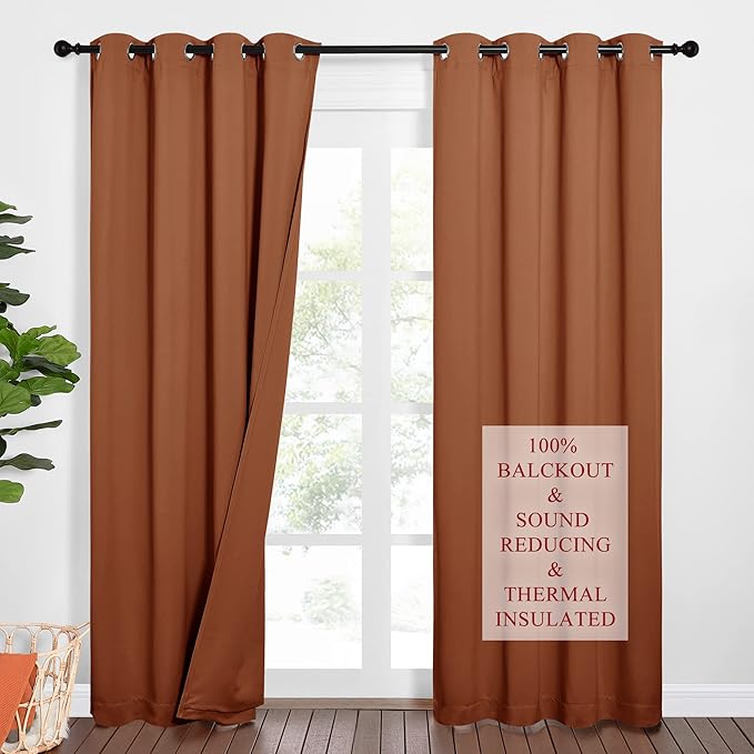 NICETOWN Sound Barrier 100% Blackout Divider Curtains 84", Noise, Heat and Cold Blocking Drapes with Felt Fabric Lining for Nursery/Daytime Sleep/Bedroom (Burnt Orange, 2 PCs, 52" Wide)