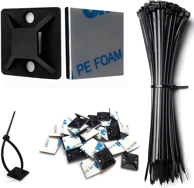 Strong Back-Glue Self Adhesive Cable Zip Tie Mounts Kit - 100 Set Cable Management Clips with 6" Zip Ties, Wire Holders - Outdoor Sticky Wire Organizer Clips-Black