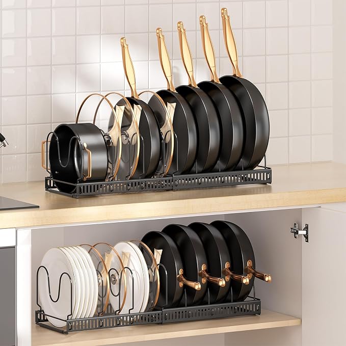MUDEELA Expandable Pot Pan Lid Organizers inside Cabinet, 10 Divider 2-Pack | Expandable 11.8–22.9", 10 Adjustable Divider, Tool-Free Assembly, Non-Slip, Scratch-Proof, For Pan Lid Cutting Board Bakeware