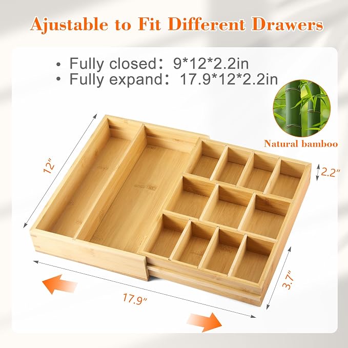 Bamboo Sliding Desk Drawer Organizer 9'' up to 17.9'' x 12'' x 2.2'' Expandable Office Desk Accessories Supplies Tray with 11 Compartments for Pens, Notebooks, Rulers, and Makeup Jewelry Vanity