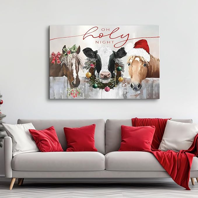 Farmhouse Animals Wall Art Cute Country Farm Horse Cow Canvas Prints Framed Artwork Christmas Accent Decoration for Bedroom Living Room Retro Abstract Barn Poster Xmas Holiday Party Home Decor 32x48