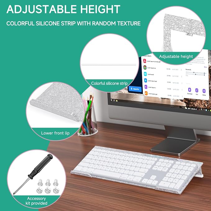 Ergonomic Computer Keyboard Stand - Adjustable Keyboard Riser Tilt Glitter Silver Acrylic Keyboard Tray Non-Slip Elevated Typing Key Board Holder Lift for Home Office Desk Accessories
