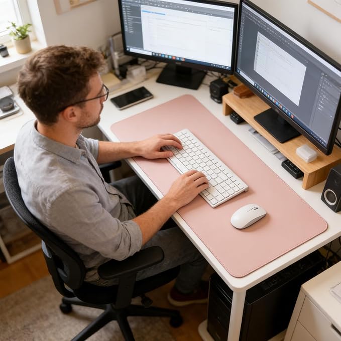 Large Double Sided Desk Mat 31.5" x 15.7" PU Leather Cork Mouse Pad | Large Pink Overlocked Edge Desk Pad Protector for Office Home Gaming Laptop Vanity, Overlocked with Matching Thread