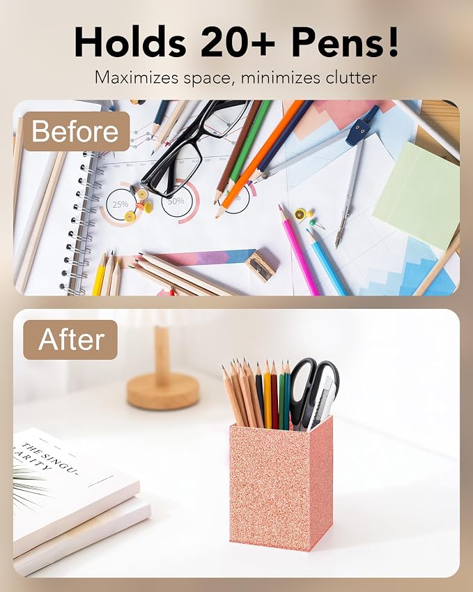Acrylic Pen Holder Desk Organizer for Office, Light Pink Glitter | Sparkling glitter acrylic makeup brush and pencil holder for desk, Modern desktop organizer for home, school and office